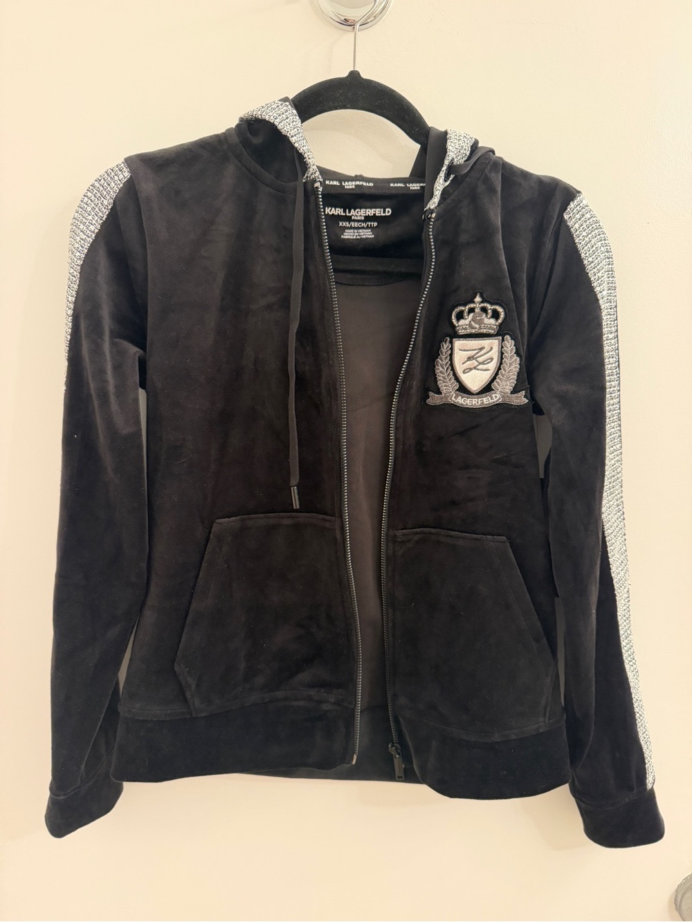 Karl Lagerfeld Black Hooded Zip-Up Jacket with Silver Trim